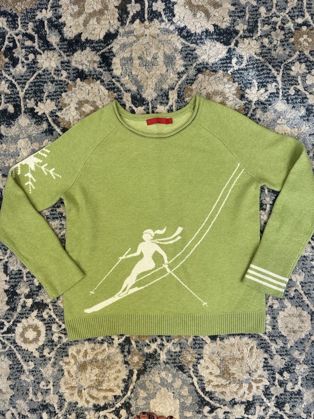 Krimson Klover Ski Sweater Vintage Green Graphic Skier Snowflake Wool Medium VTG